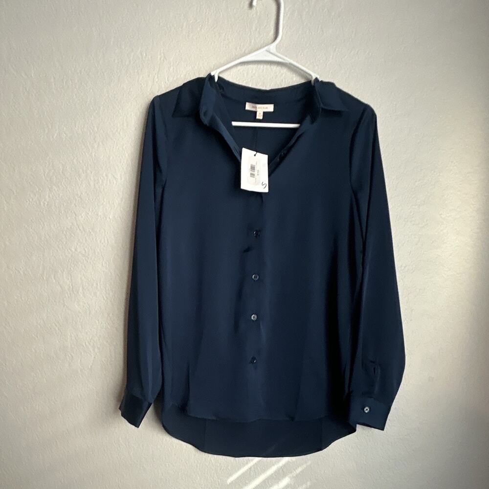SKIES ARE BLUE Women’s XS Blue Solid Long Sleeve Collared Button-Up Blouse